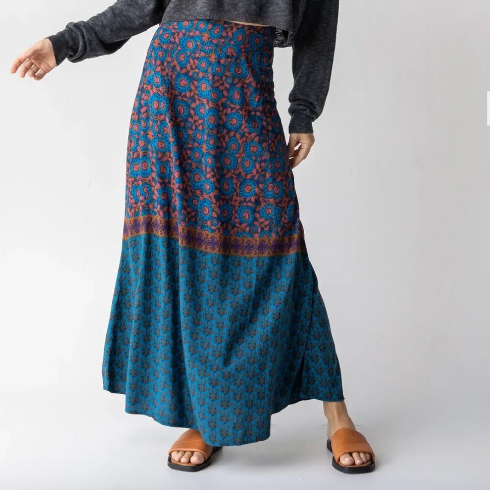 NWT Natural Life Amy Maxi Skirt - Teal Gold Border